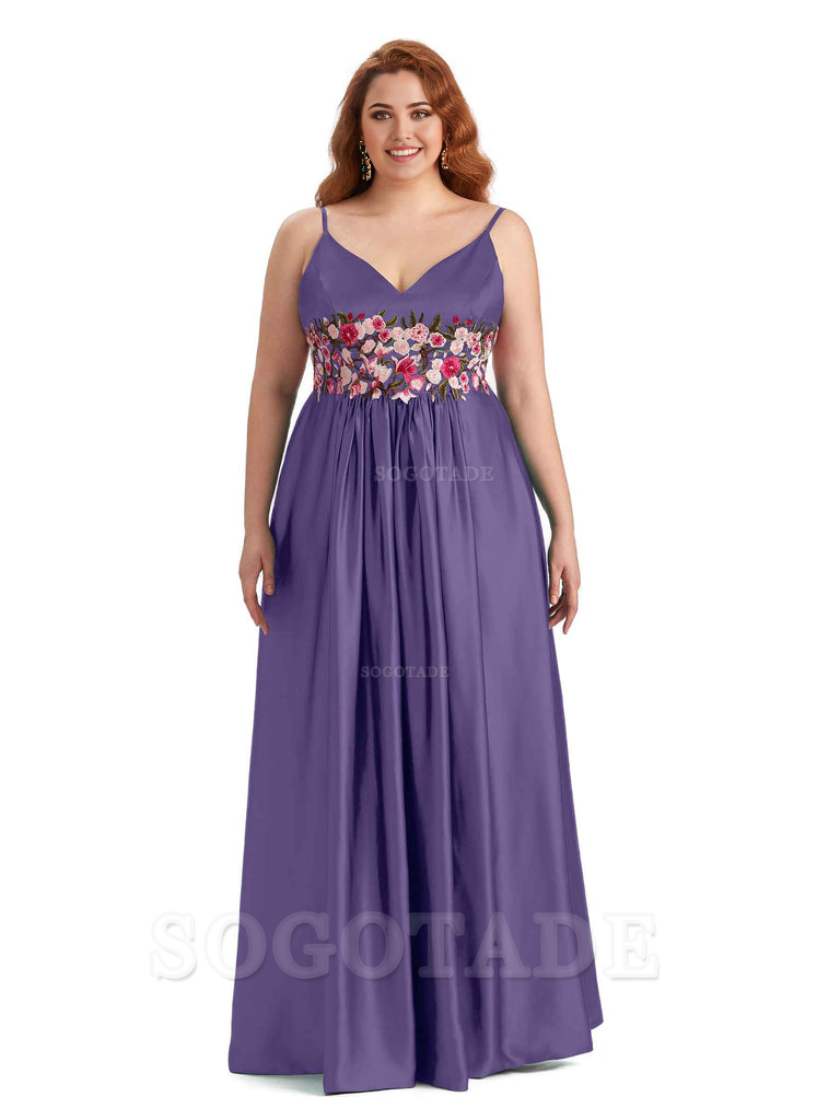 Unique Lace Spaghetti Straps Sleeveless Soft Satin Long Plus Size Bridesmaid Dress For Wedding