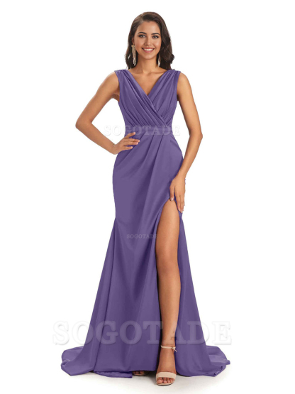 A-line V-neck Floor-Length Satin formal dresses evening gown Bridesmaid Dresses With Side Slit 