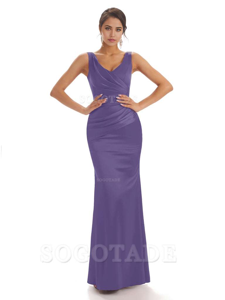 Sheath Sleeveless V-neck Floor-Length Satin formal dresses evening gown Bridesmaid Dresses With Pleats 