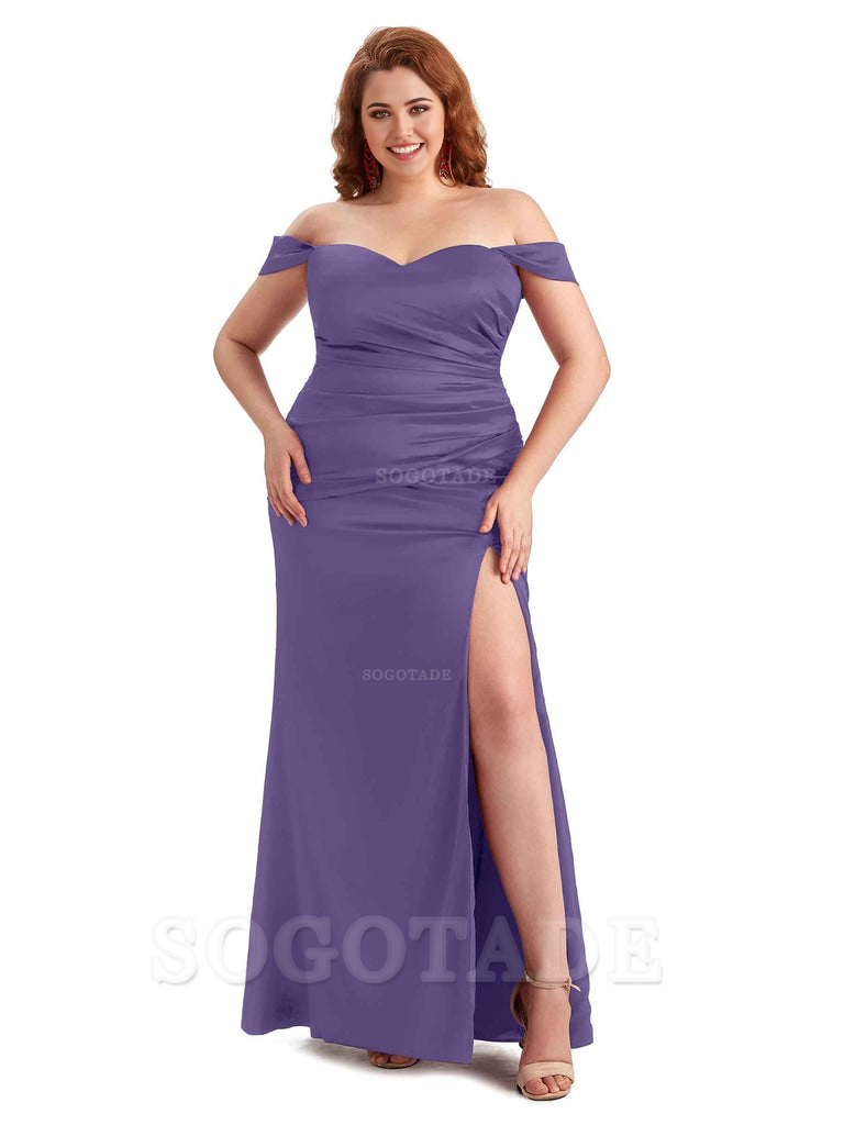 Sexy Off The Shoulder Sleeveless Side Slit Mermaid Soft Satin Long Plus Size Bridesmaid Dresses