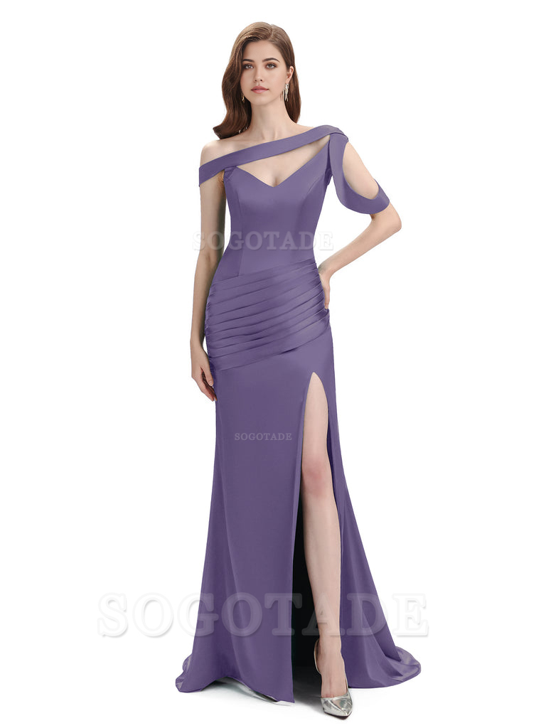 Mermaid V-Neck Satin Floor-Length formal dresses evening gown Bridesmaid Dresses With Side Slit 