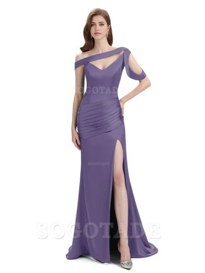 Mermaid V-Neck Satin Floor-Length formal dresses evening gown Bridesmaid Dresses With Side Slit 