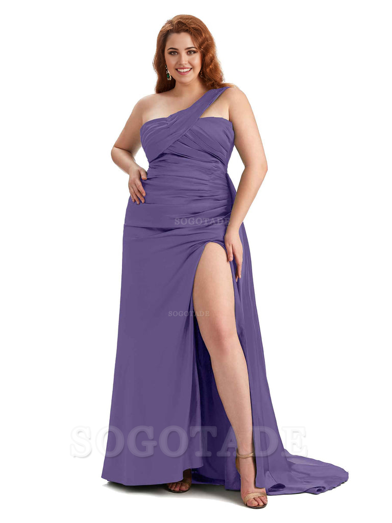  One Shoulder Sleeveless Sexy Side Hight Slit Mermaid Soft Satin Long Plus Size Bridesmaid Gowns