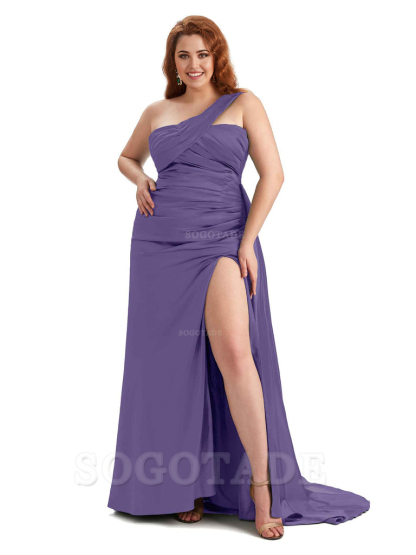  One Shoulder Sleeveless Sexy Side Hight Slit Mermaid Soft Satin Long Plus Size Bridesmaid Gowns