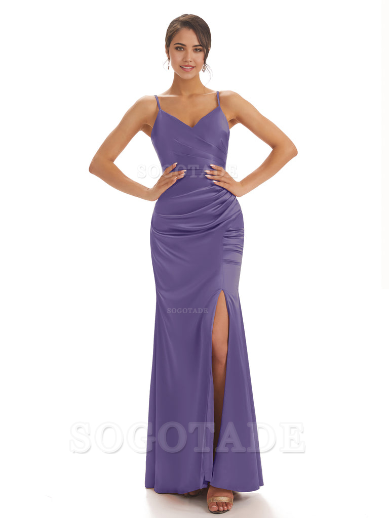 Spaghetti Straps Pleats Satin formal dresses evening gown Bridesmaid Dresses With Side Slit 