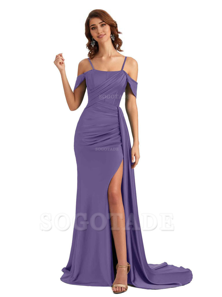 Sexy Side Slit Cold Shoulder Mermaid Satin Chic Long Wedding Guest Dresses