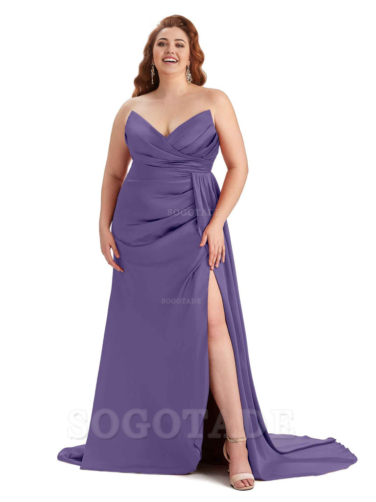 Sexy V-neck Side Slit Sleeveless Mermaid Soft Satin Long Plus Size Bridesmaid Gowns