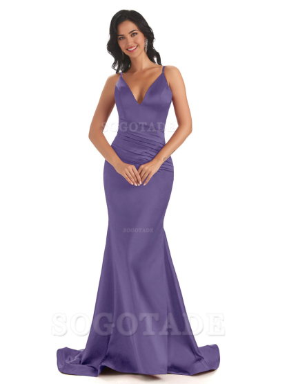 Mermaid Spaghetti V-Neck Straps Satin Long formal dresses evening gown Bridesmaid Dresses With Side Slit 