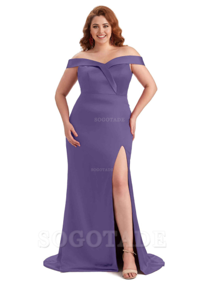 Elegant Off The Shoulder Sleeveless Side Slit Mermaid Soft Satin Long Plus Size Bridesmaid Gowns