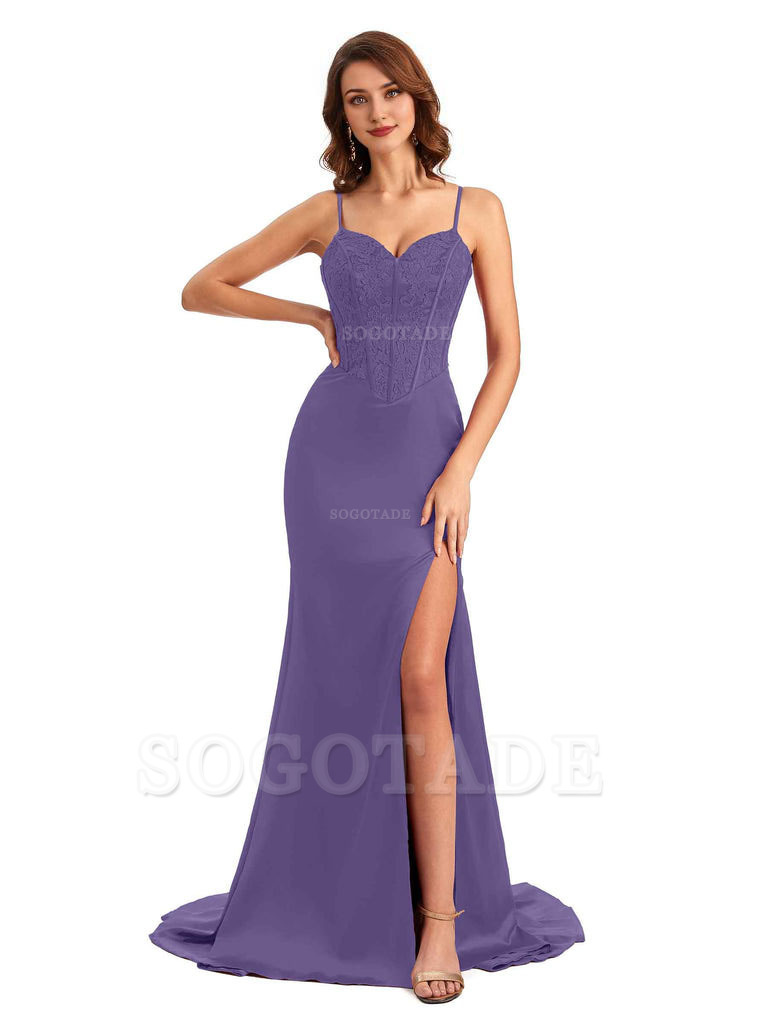 Sexy Side Slit Mermaid Silky Satin V-Neck Lace Unique Long Bridesmaid Dresses