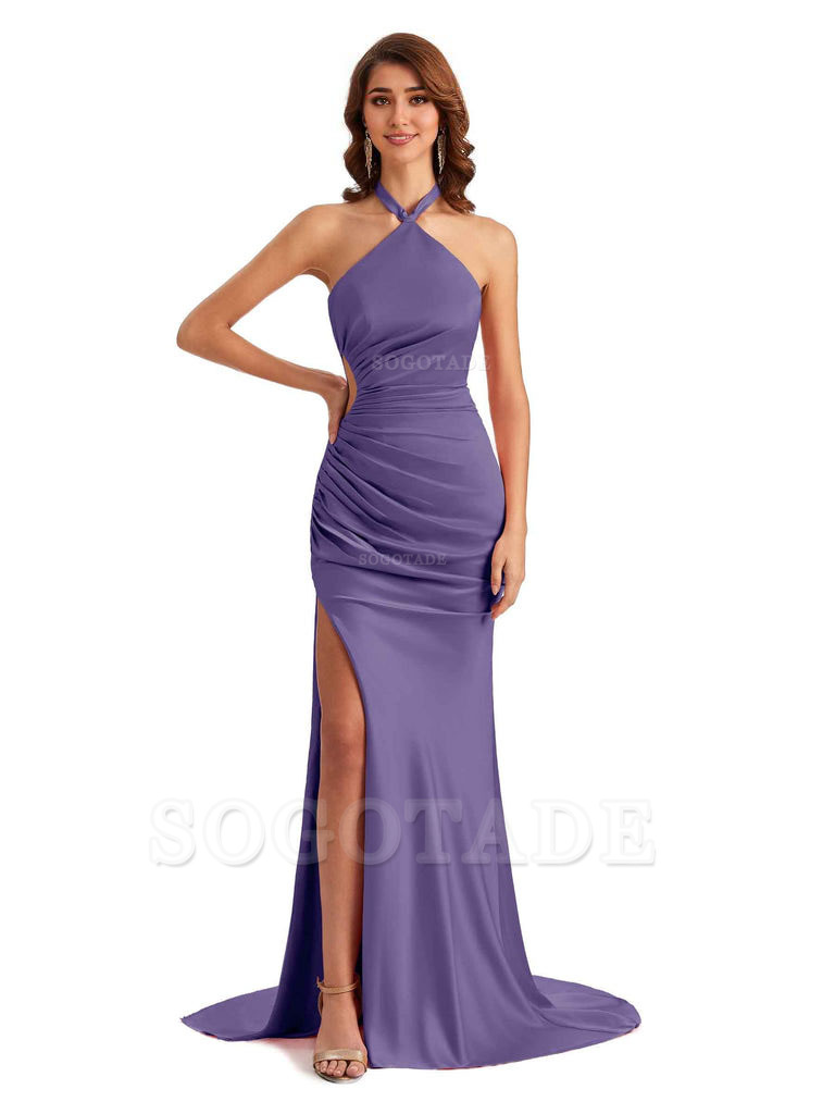 Sexy Halter Mermaid Silky Satin Unique Long Formal Wedding Guest Dresses