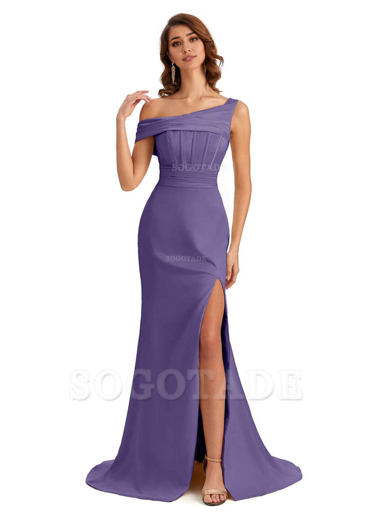 Elegant Asymmetrical Neck Soft Satin Side Slit Long Mermaid Bridesmaid Dresses