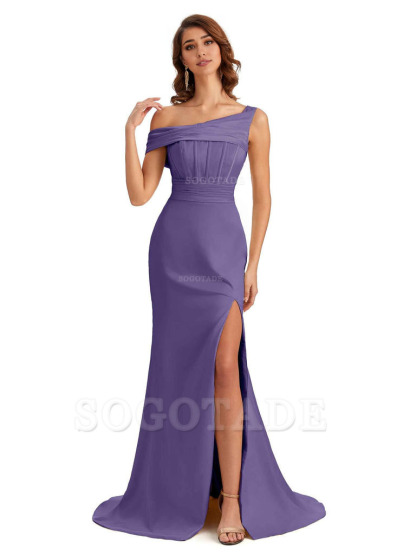 Elegant Asymmetrical Neck Soft Satin Side Slit Long Mermaid Bridesmaid Dresses