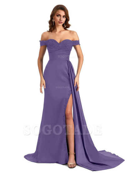 Sexy Off The Shoulder Mermaid Side Slit Silky Satin Long Bridesmaid Dress For Wedding