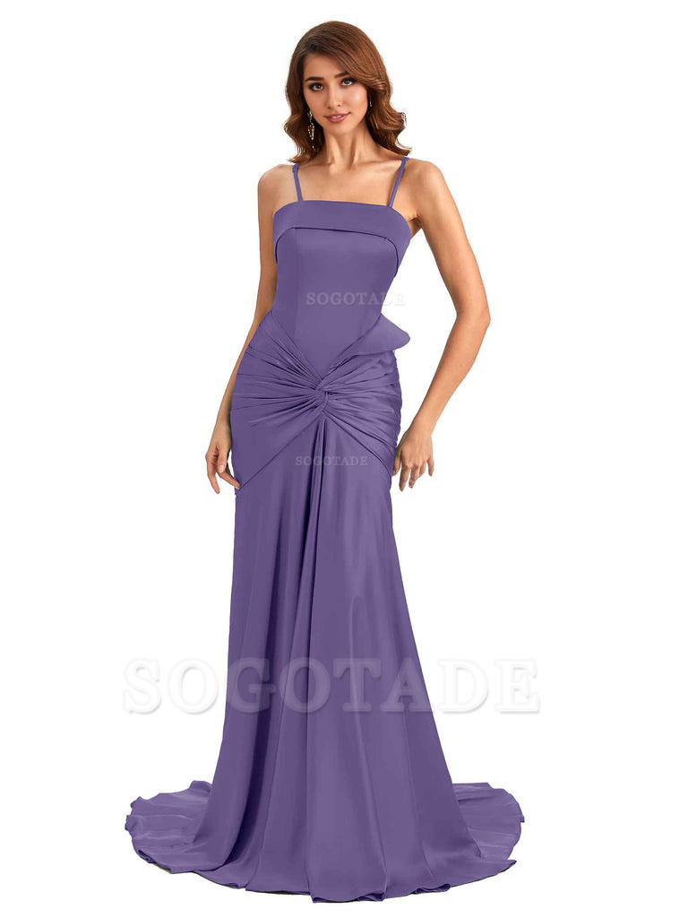 Sexy Mermaid Spaghetti Straps Silky Satin Unique Long Bridesmaid Dress For Wedding