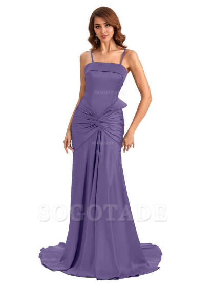 Sexy Mermaid Spaghetti Straps Silky Satin Unique Long Bridesmaid Dress For Wedding
