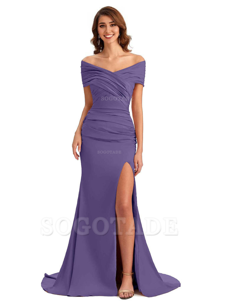 Sexy Off The Shoulder Side Slit Mermaid Satin Unique Long Formal Wedding Guest Dresses