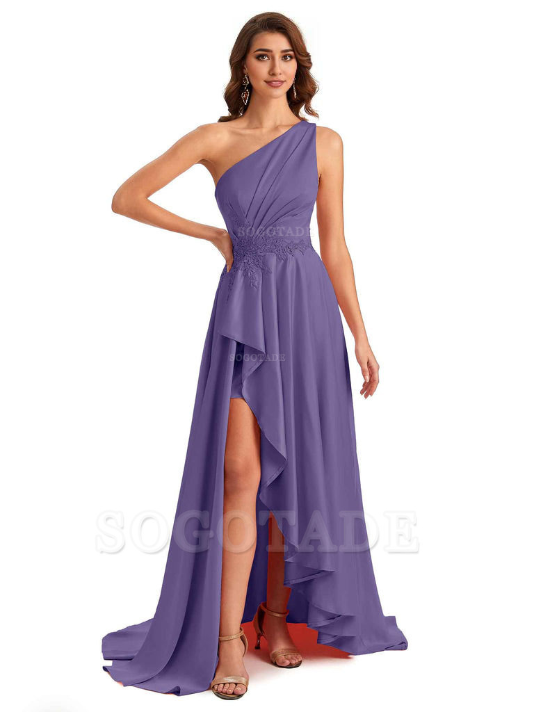 Sexy One Shoulder A-Line High Low Silky Satin Lace Long Formal Wedding Guest Dresses
