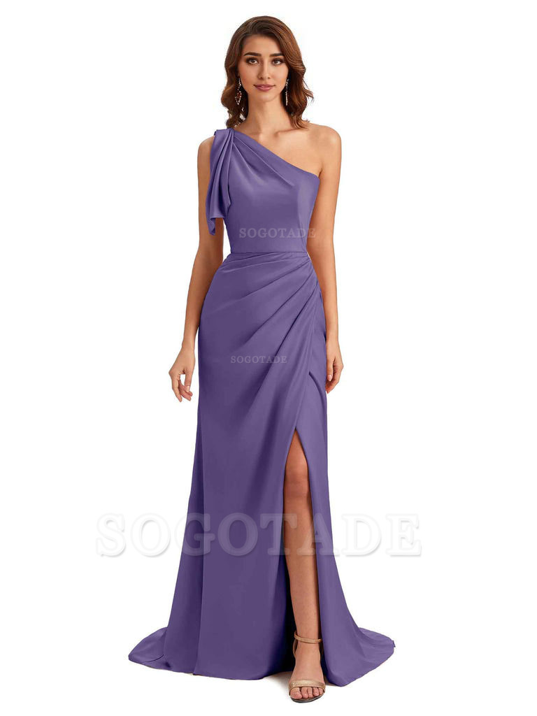 Sexy One Shoulder Mermaid Side Slit Unique Silky Satin Bridesmaid Dresses 