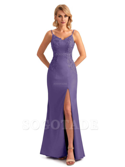Sexy Side Split Mermaid Spaghetti Straps Soft Satin Unique Lace Long Bridesmaid Dresses