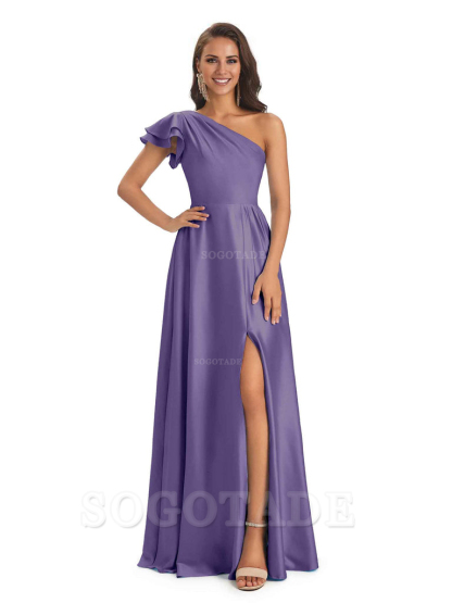 A-Line One Shoulder Ladies Long Bridesmaid Dresses Soft Satin Side Slit Elegant Evening Party Dress