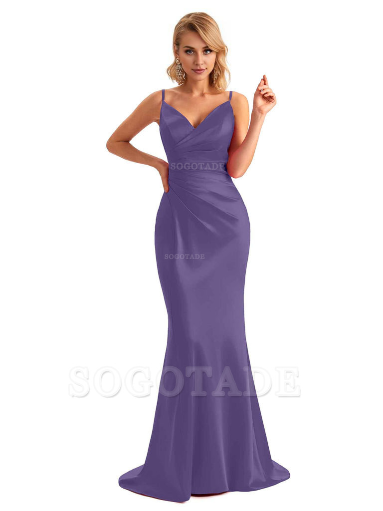  Sexy Backless Mermaid Spaghetti Straps Unique Long Formal Satin Dress For Women