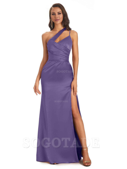 Elegant Soft Satin Side Slit One Shoulder Floor-Length Maxi Bridesmaid Dresses Evening Party Dress