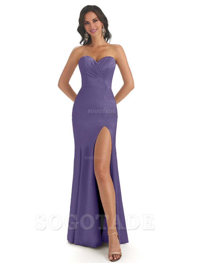 Simple Soft Satin Side Slit Sweetheart Long Mermaid Bridesmaid Dresses Elegant Evening Party Dress