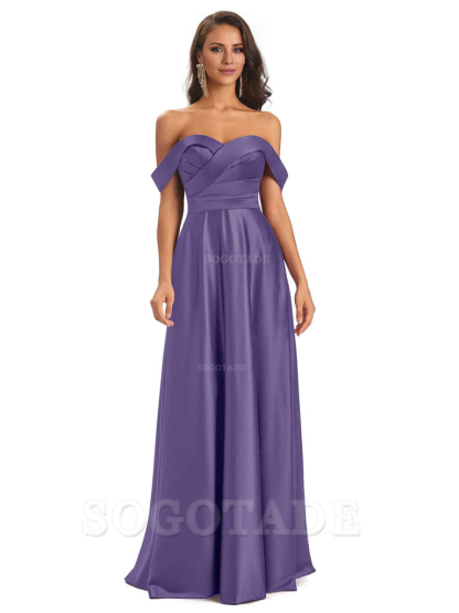 Sexy Soft Satin Off The Shoulder A-Line Long Bridesmaid Dresses Elegant Evening Party Dress