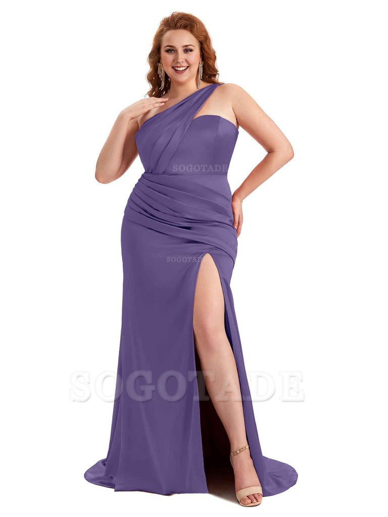 Sexy Side Slit One Shoulder Mermaid Soft Satin Long Plus Size Matron of Honor Dress For Wedding