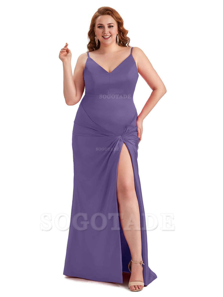 Sexy Spaghetti Straps V-neck Side Slit Mermaid Soft Satin Long Plus Size Bridesmaid Dress