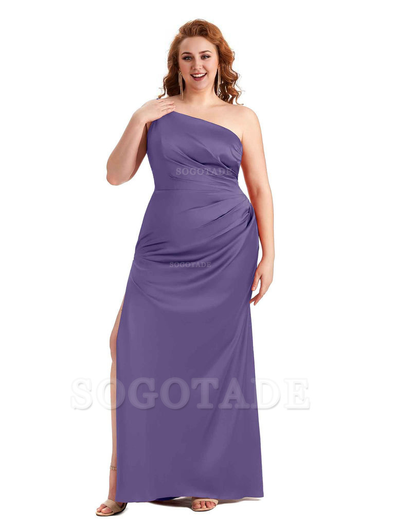 Sexy Side Slit One Shoulder Mermaid Soft Satin Long Plus Size Maid of Honour Dresses