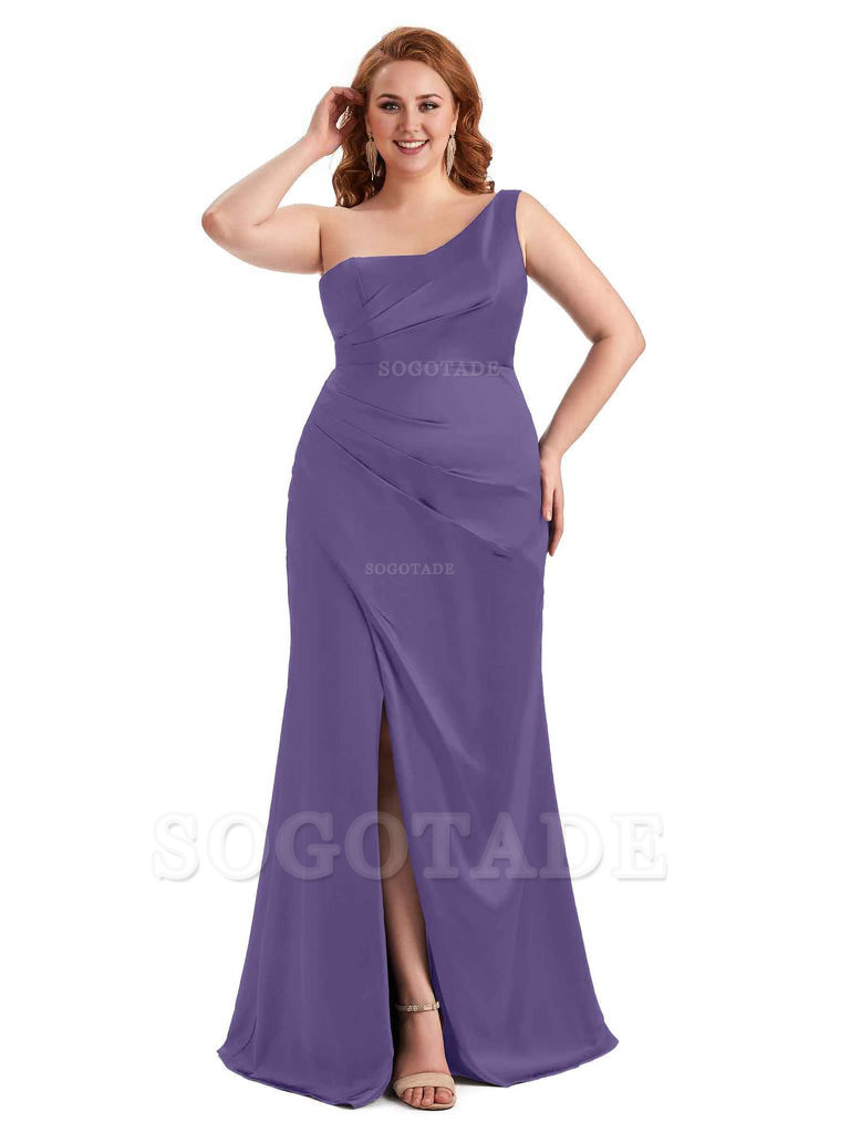 Sexy Side Slit One Shoulder Mermaid Long Plus Size Satin Maxi Dresses