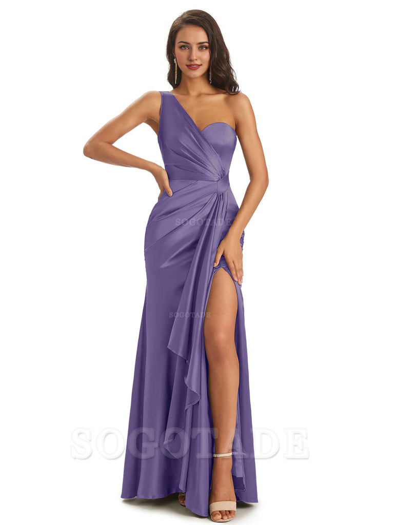 Elegant Soft Satin Side Slit One Shoulder Unique Mermaid Bridesmaid Dresses Online prom dresses shops
