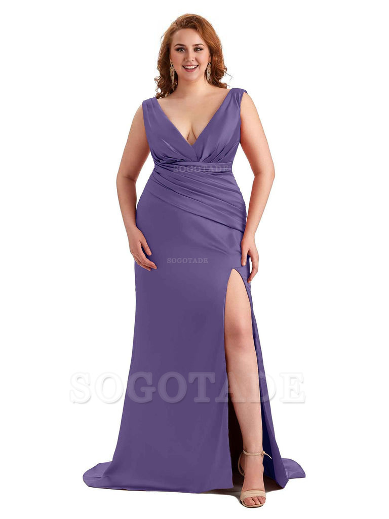 Elegant V-neck Side Slit Mermaid Soft Satin Long Plus Size Bridesmaid Dress For Wedding