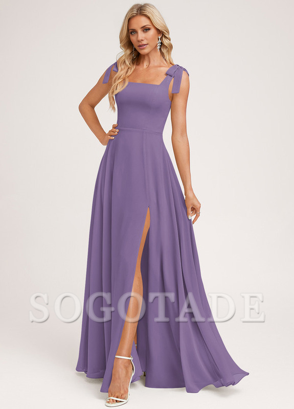 A-shaped square bow landing chiffon bridesmaid dress