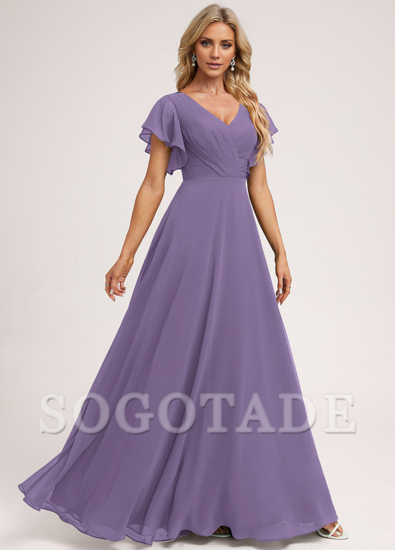 Ruffle A-line V-neck and floor chiffon bridesmaid dress