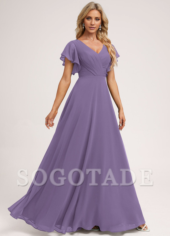 Ruffle A-line V-neck and floor chiffon bridesmaid dress