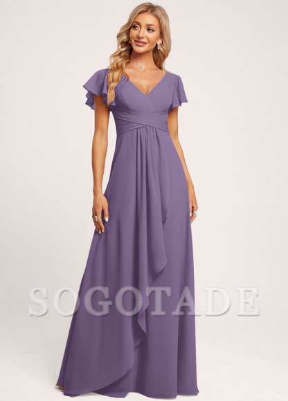 Ruffle A-line V-neck and floor chiffon bridesmaid dress