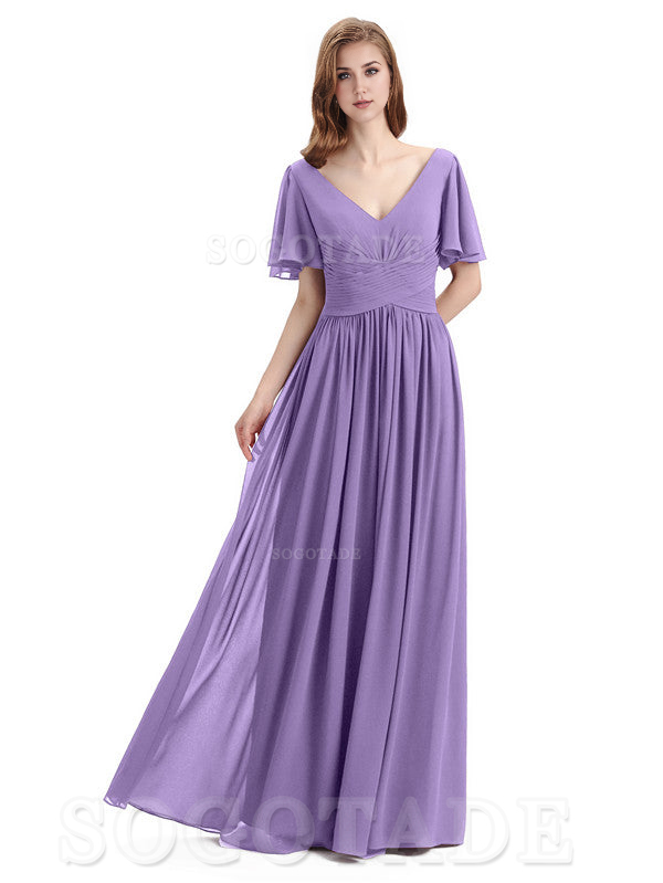 A-Line Chiffon Short Sleeves Elegant Floor-Length Bridesmaid Dresses Formal Women's Dresses Wedding Guests Dresses