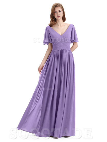 A-Line Chiffon Short Sleeves Elegant Floor-Length Bridesmaid Dresses Formal Women's Dresses Wedding Guests Dresses