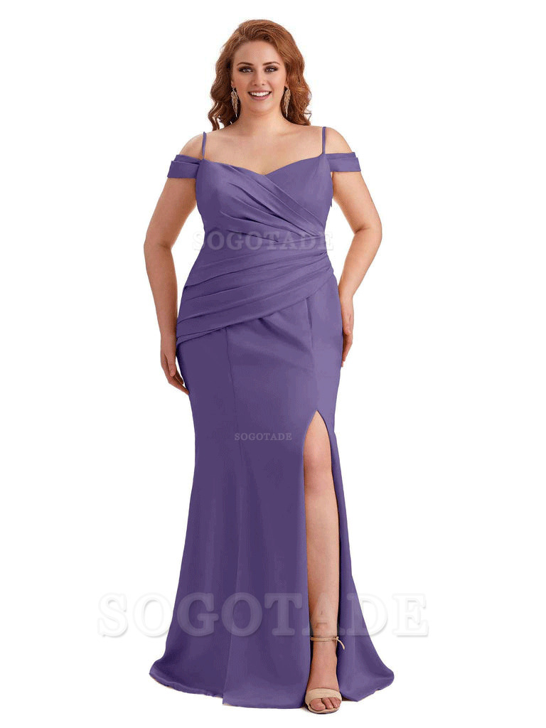 Elegant Cold Shoulder Side Slit Mermaid Soft Satin Long Plus Size Bridesmaid Gowns