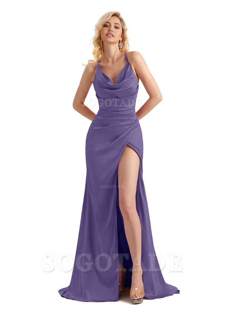Sheath Cowl Neck Satin formal dresses evening gown Bridesmaid Dresses With Side Slit 