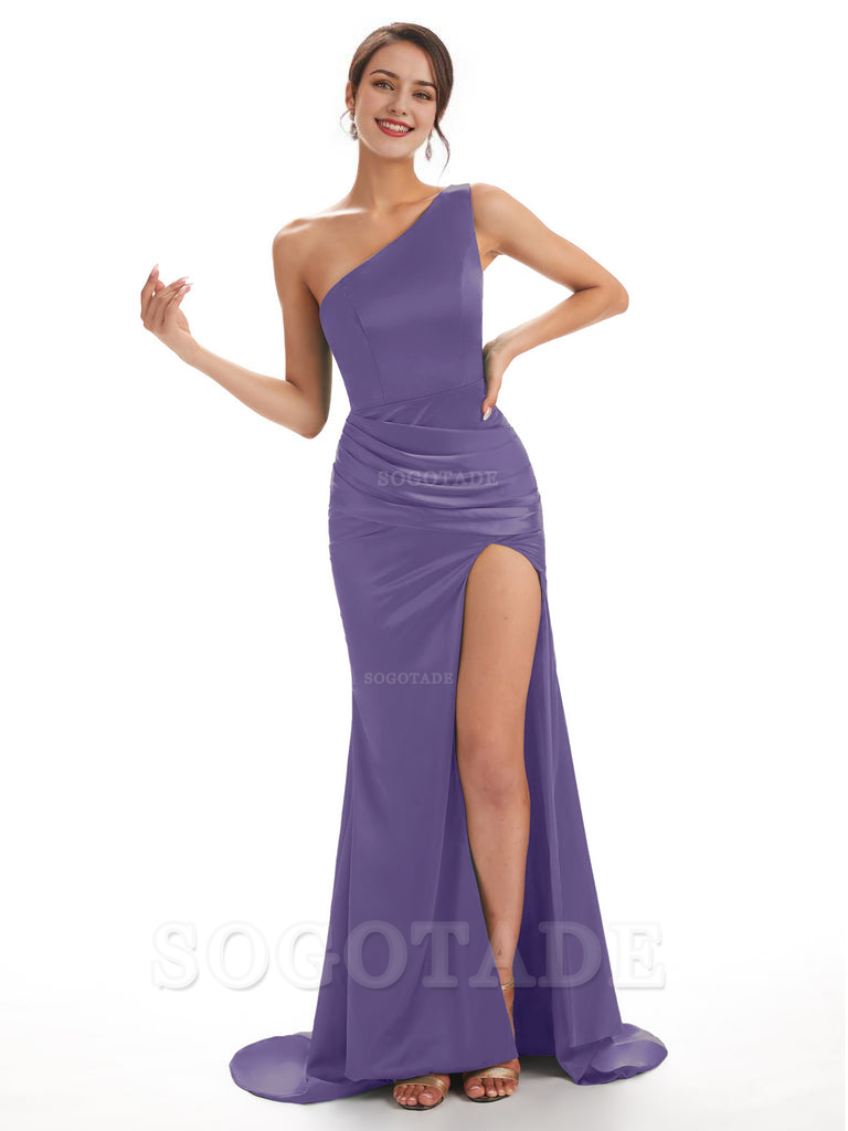 Sexy Soft Satin Side Slit One Shoulder Long Mermaid Bridesmaid Dresses Online prom shop dresses ﻿