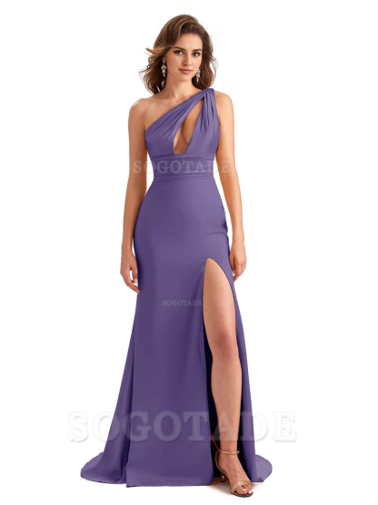 Charming Sexy Unique Side Slit Mermaid Silky One Shoulder Long Bridesmaid Dresses Formal Women's Dresses Wedding Guests Dresses