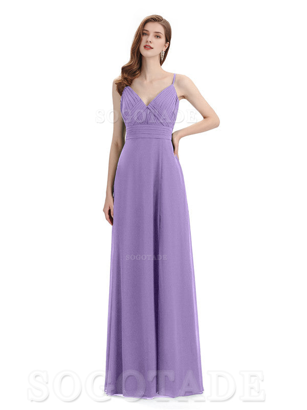 Chiffon V-Neck Spaghetti Strap Floor-Length Side Fork Long Bridesmaid Dresses Formal Women's Dresses Wedding Guests Dresses
