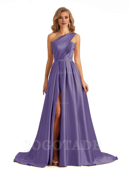 Sexy Side Slit One Shoulder A-Line Soft Satin Long Bridesmaid Dresses Online prom dress in store