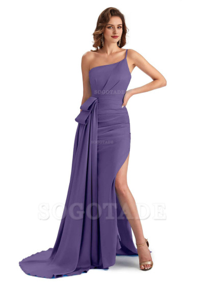 Sexy Side Slit Mermaid Silky Satin One Shoulder Modern Maxi Bridesmaid Dresses