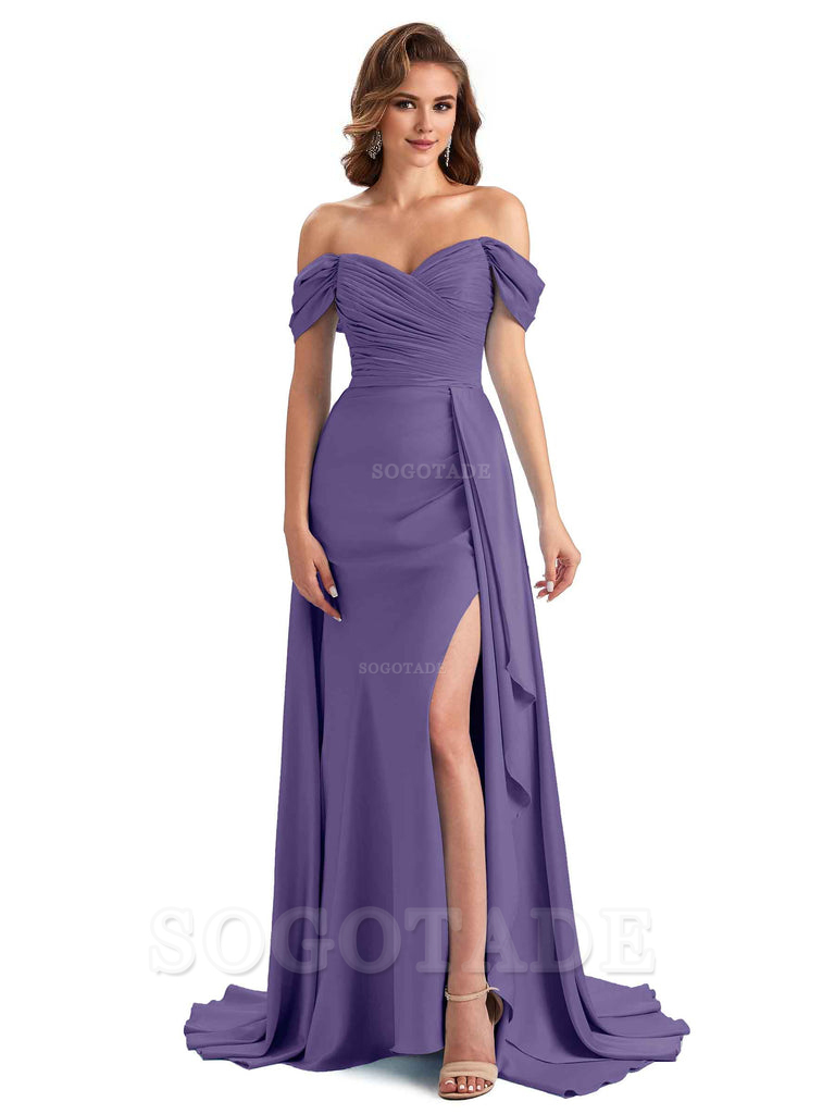 Sexy Side Slit Mermaid Soft Satin Off The Shoulder Long Unique Bridesmaid Dresses prom dress in store