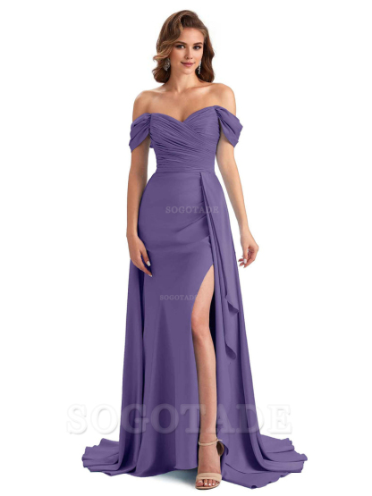 Sexy Side Slit Mermaid Soft Satin Off The Shoulder Long Unique Bridesmaid Dresses prom dress in store